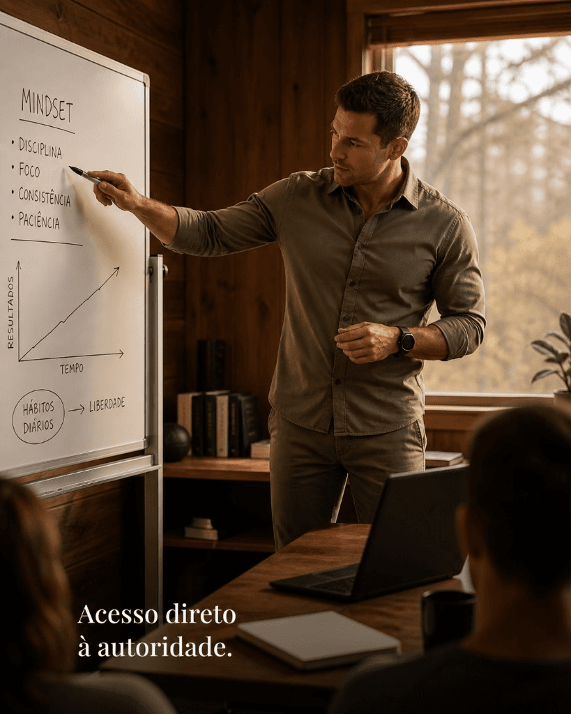 Mentor escrevendo um framework de mindset em um quadro branco